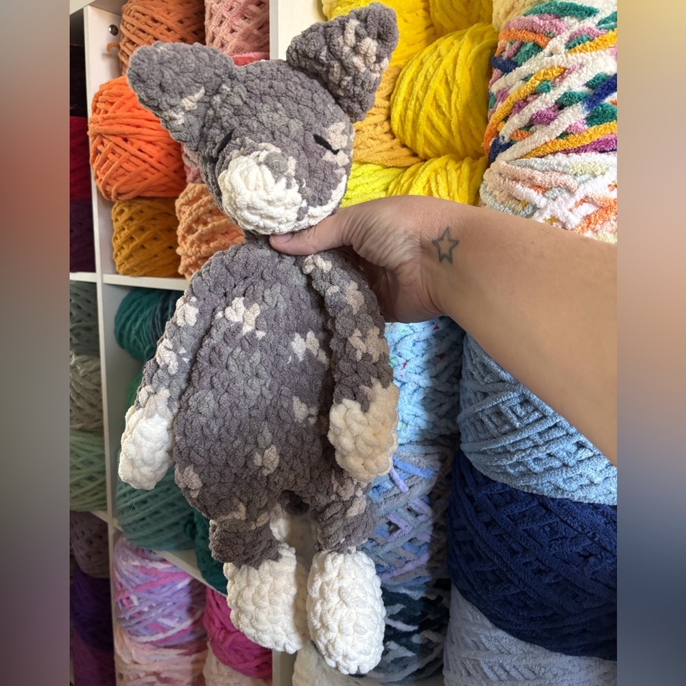handmade Crochet gray wolf knotted lovey